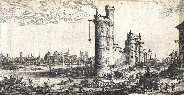 La Tour de Nesle délabrée - telle qu'ébauchée au XVIIe siècle par Jacques Callot